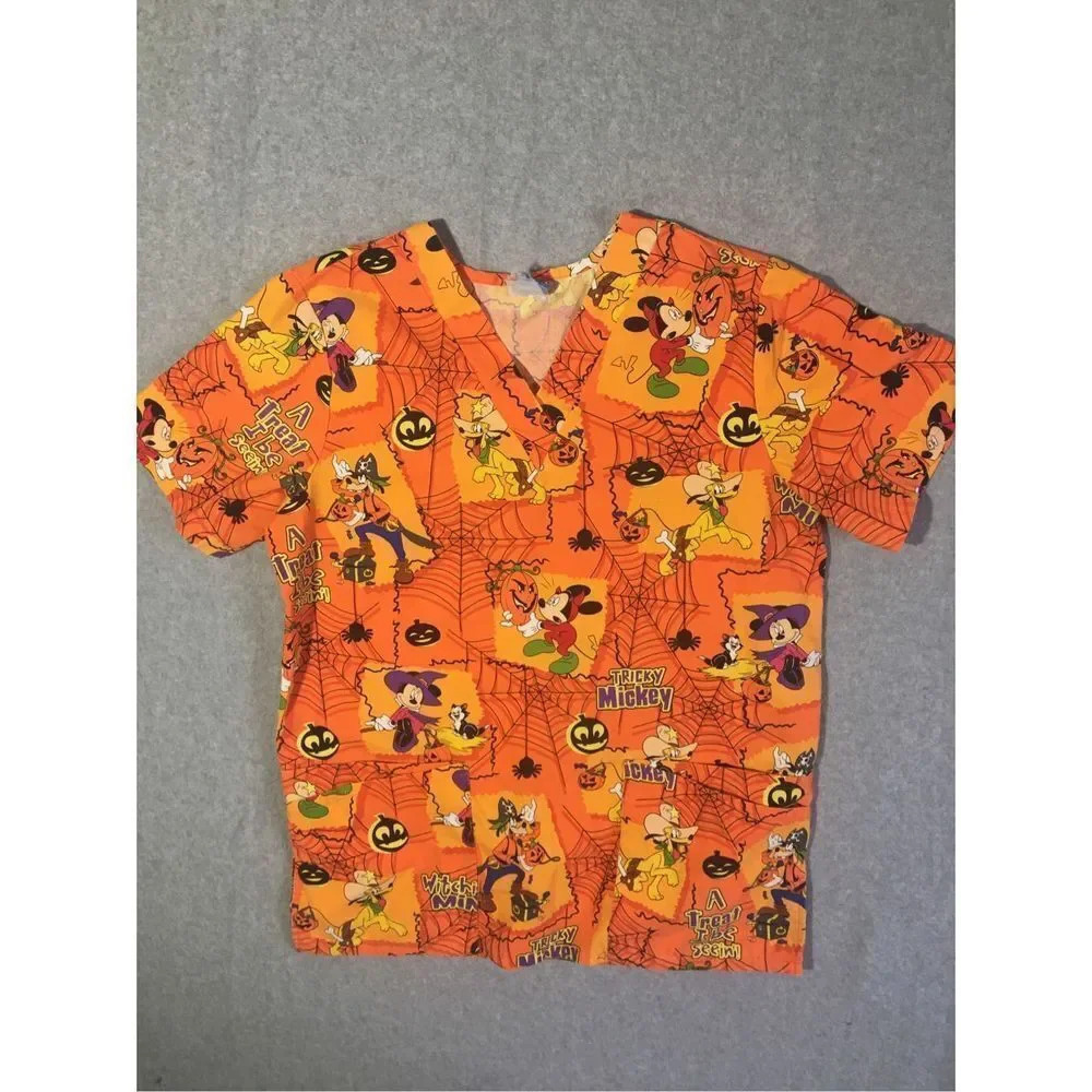 Womens Disney Scrubs Top Size Medium Cotton Blend Halloween Holiday Orange